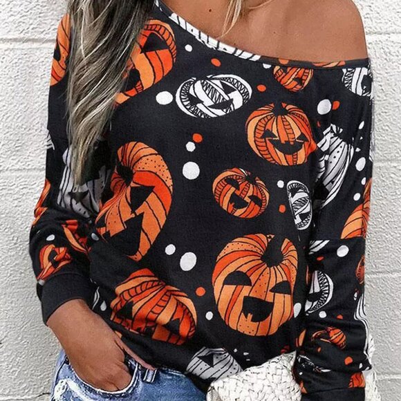 Sweaters - Black Halloween Pumpkin Face Crew Neck Top